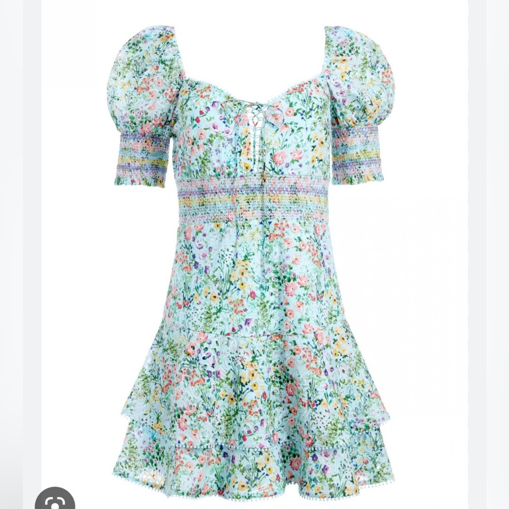 Alice + Olivia Crawford Puff Sleeve Mini Dress in Coastal Gardens Powder Blue